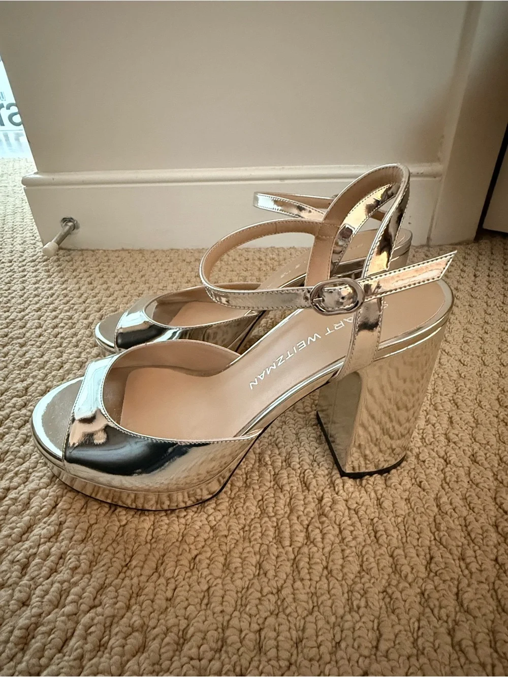Stuart Weitzman Metallic Silver Platform Sandals with Ankle Strap